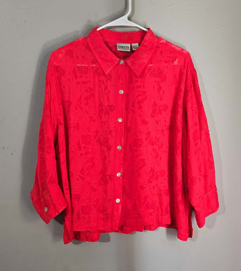 Chico's Red Silk Jacquard Abstract Collared 3/4 Sleeve Button-Up Top XL size 3